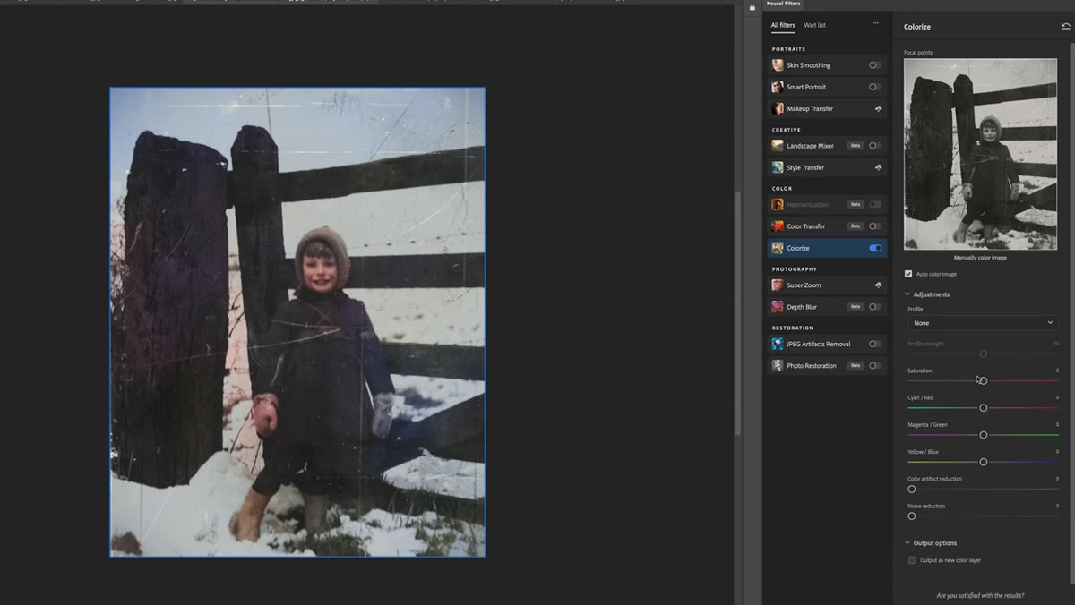Black and white photo being colorized in Neural Filters panel