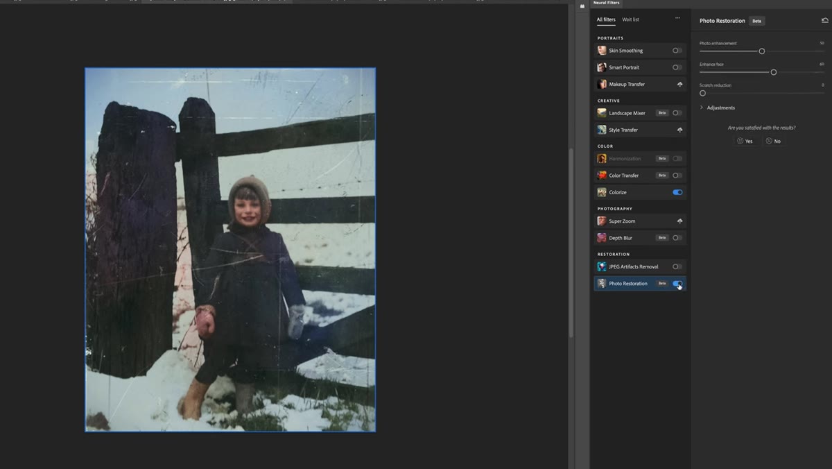 Damaged photo being processed with Photo Restoration filter