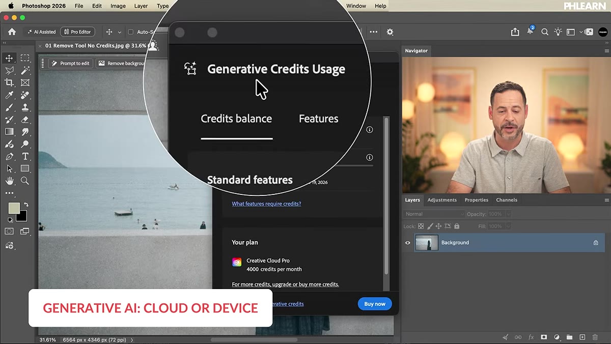 Credit balance showing 2870 generative credits before removal