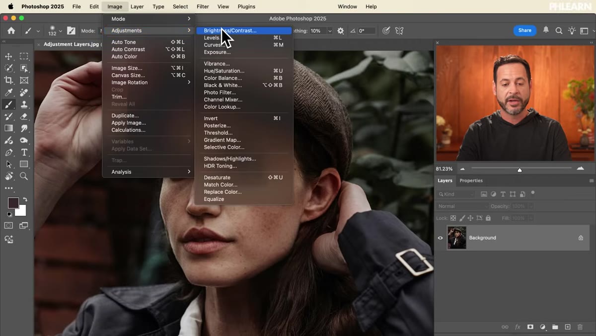 Image menu open showing Adjustments submenu with Brightness Contrast highlighted