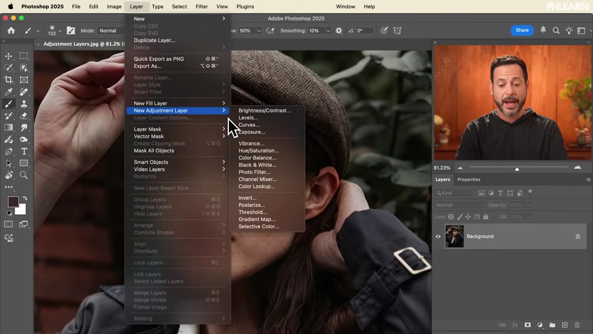 Layer menu open with New Adjustment Layer submenu visible