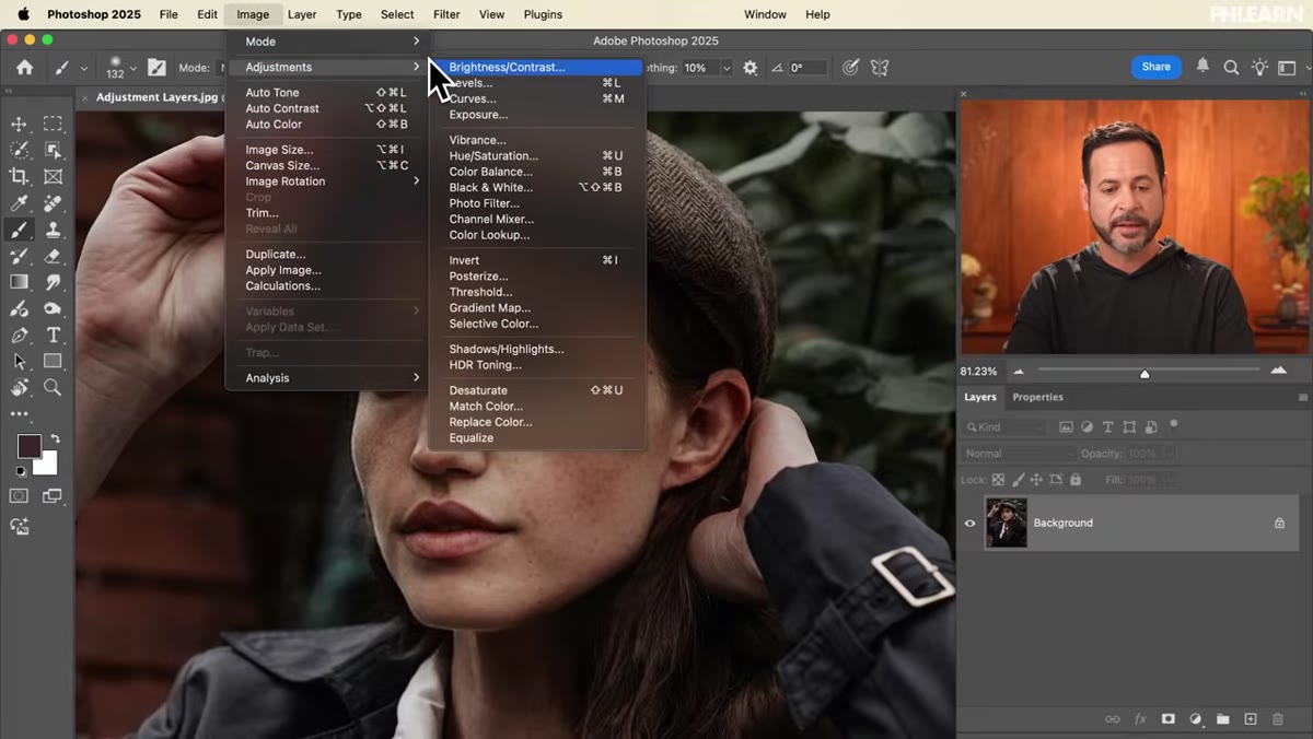 Brightness Contrast dialog open with brightness slider increased on a flat layer
