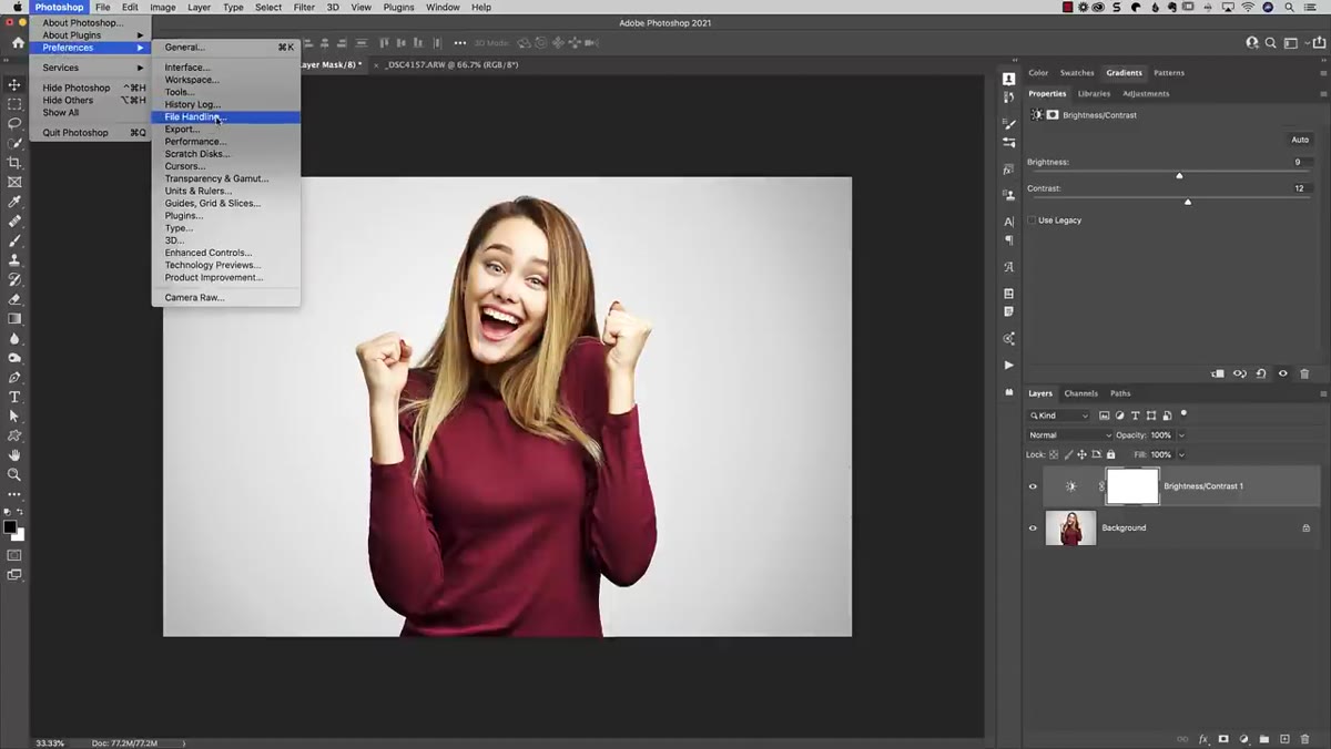 Photoshop Preferences window open at File Handling section