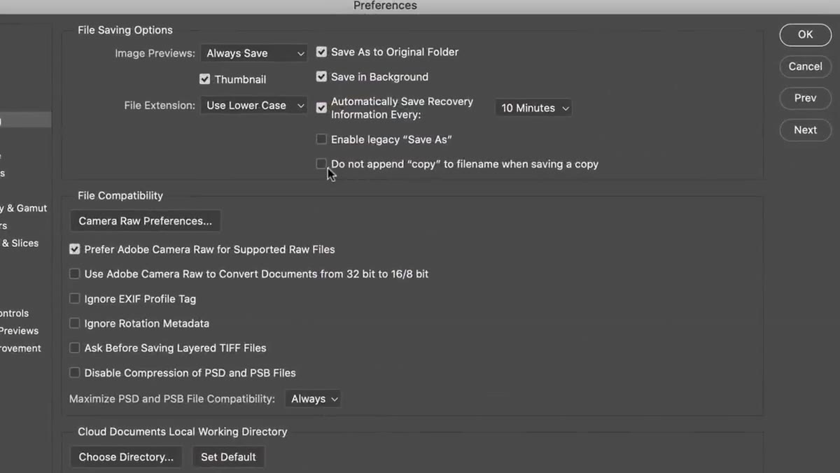 File Handling preferences showing new Legacy Save As checkboxes