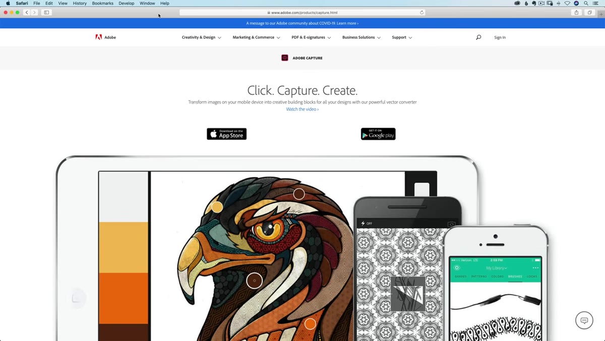 Adobe Capture app page shown on desktop browser