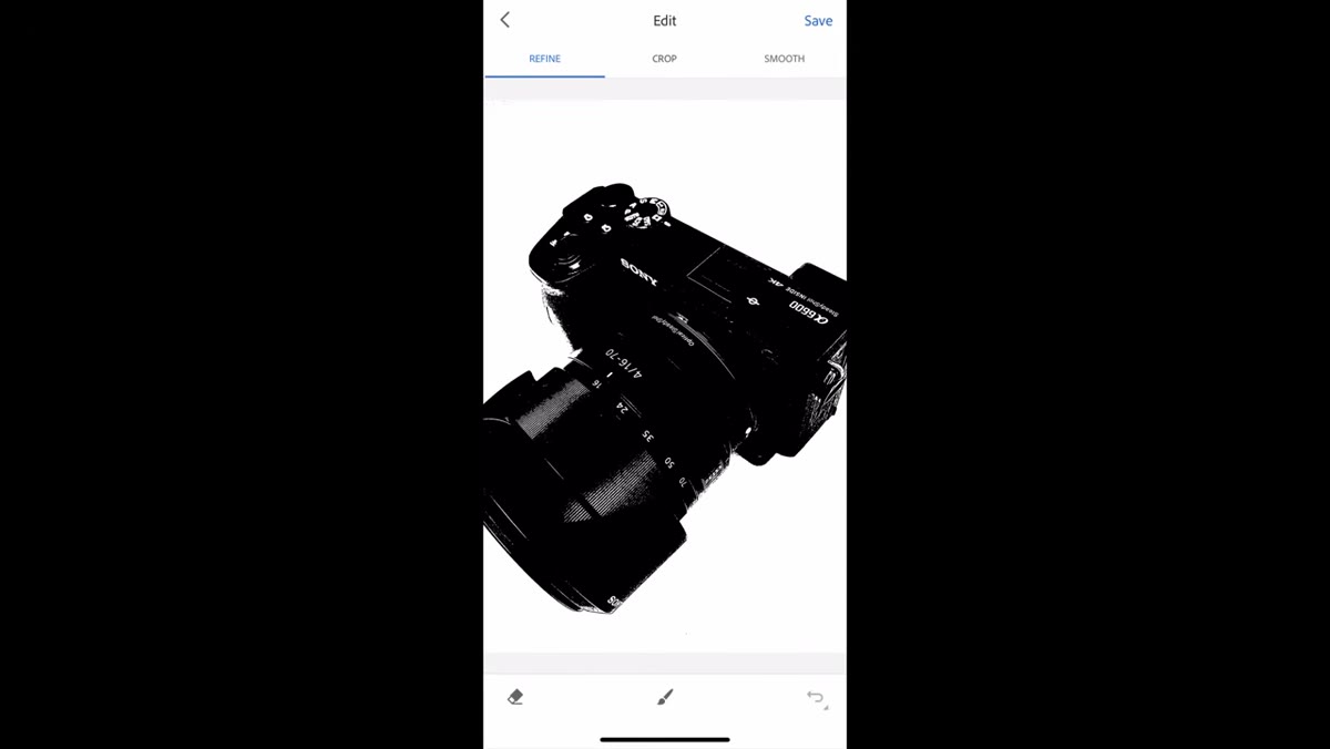 Shape editing screen showing refine, crop, and smooth options