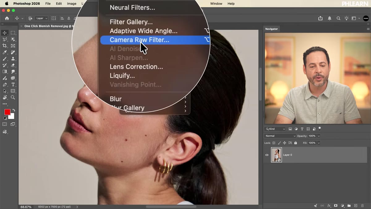Filter menu open with Camera Raw Filter option highlighted