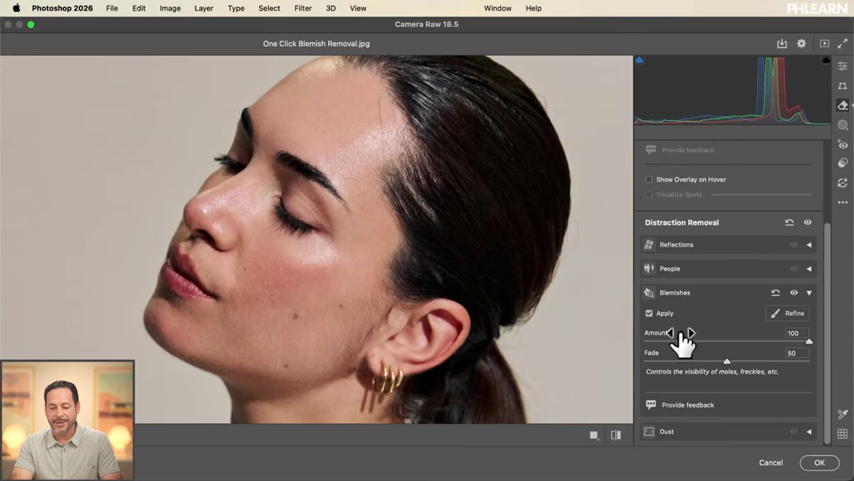 Fade slider being adjusted below the Blemishes tool results