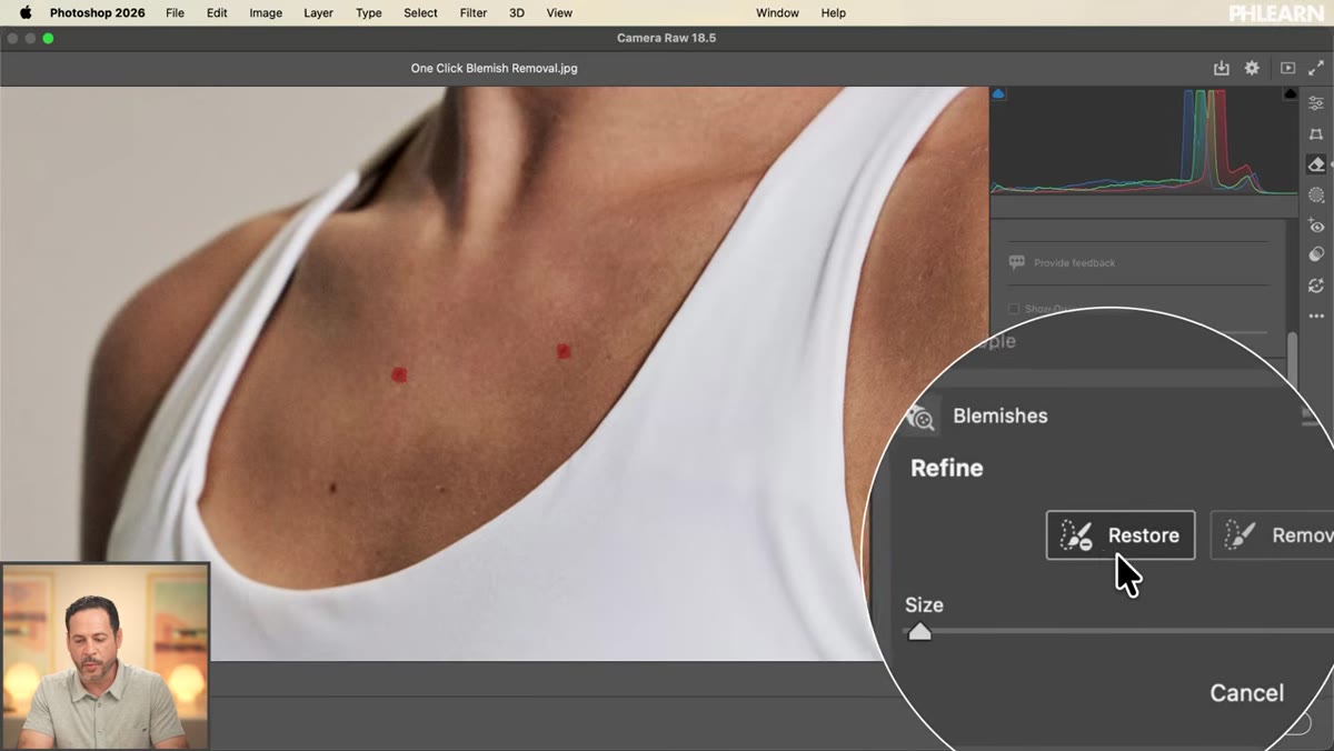 Restore and Remove tool options visible with painted areas on skin being restored
