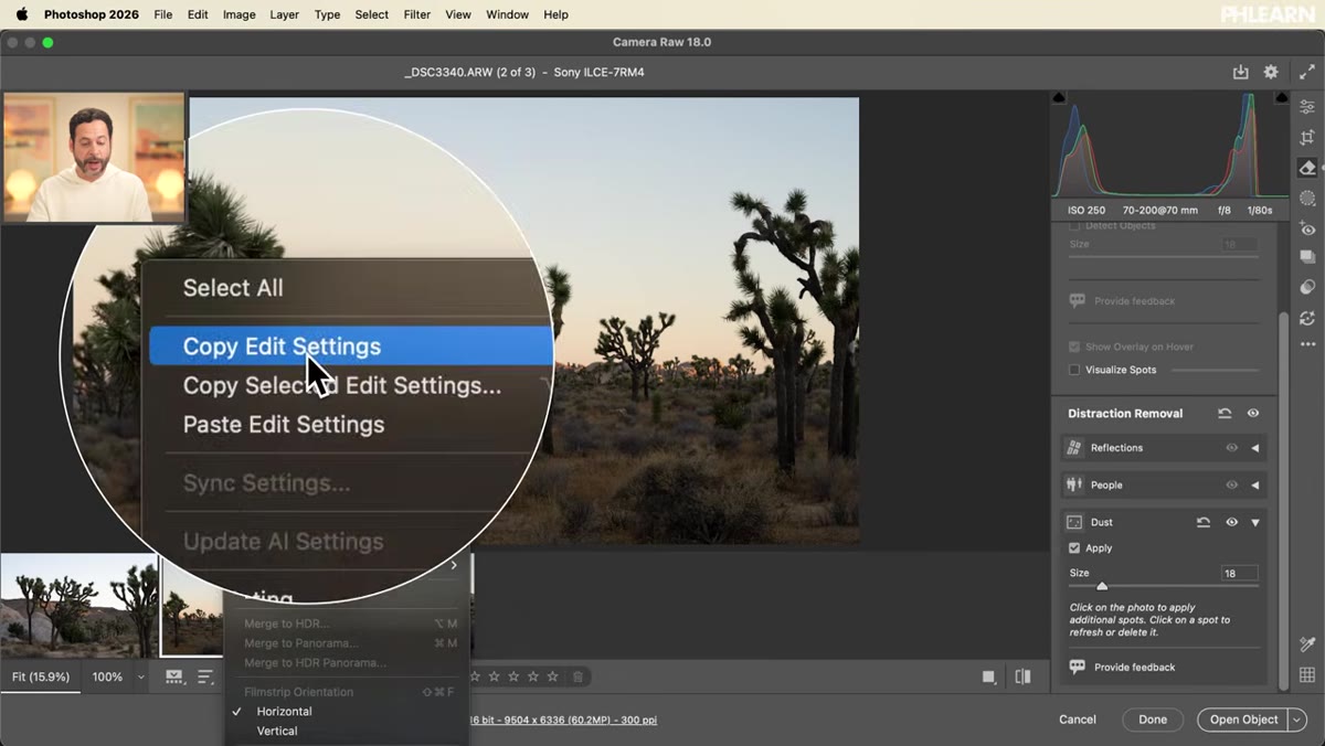 Camera Raw filmstrip with multiple images selected for paste settings