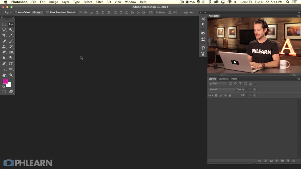 Photoshop workspace open with no file loaded