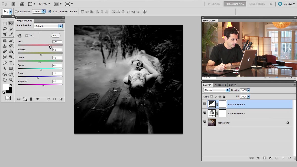 Black and White adjustment layer added above Channel Mixer layer