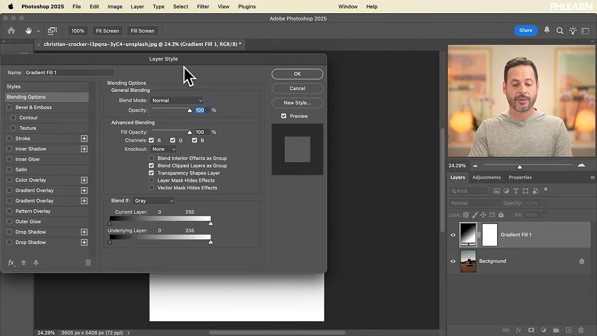 Layer Style dialog open, Blend If sliders visible at the bottom