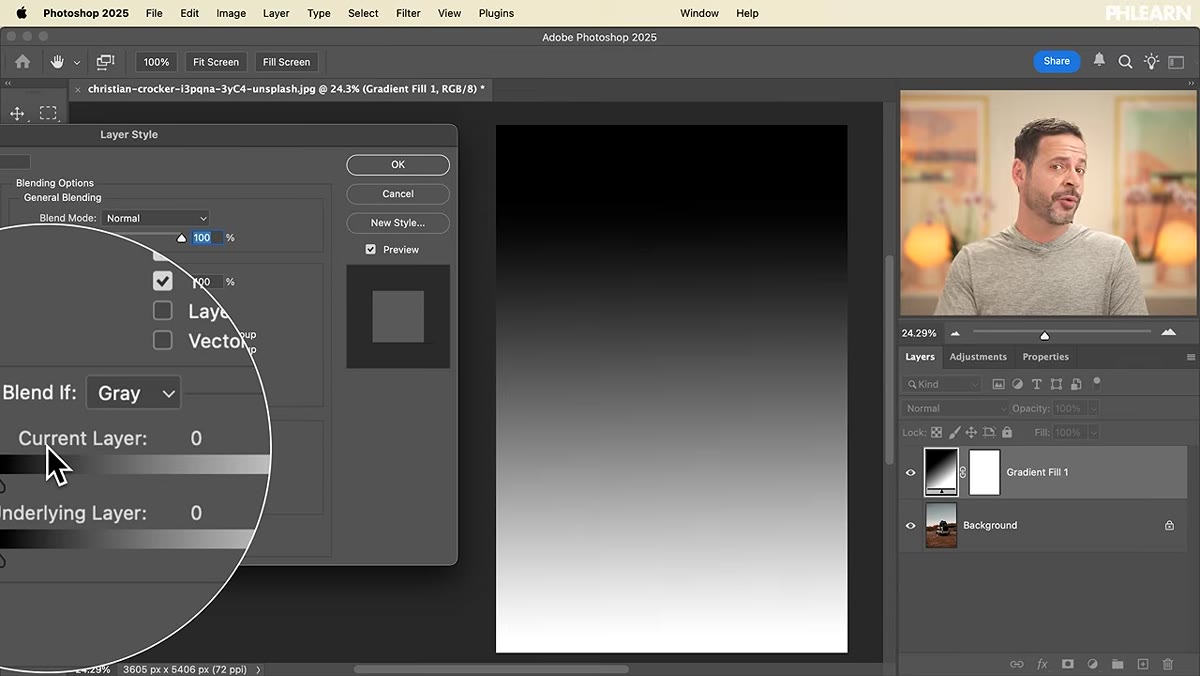 Left slider on &ldquo;This Layer&rdquo; bar being dragged right, dark areas disappearing