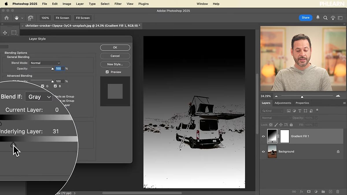 Underlying Layer slider dragged right, gradient disappearing from shadow areas of base image