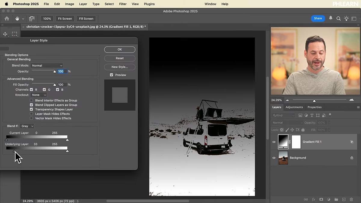Sky image layer being blended into landscape using split Underlying Layer sliders
