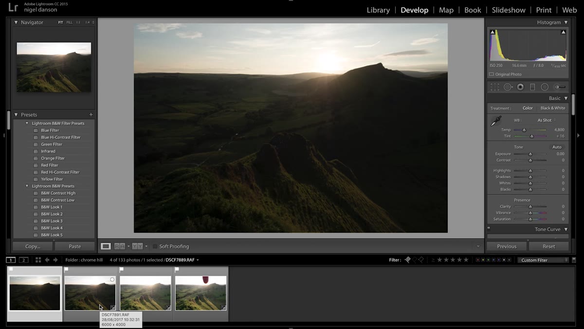 Four RAW images shown in Lightroom library grid view
