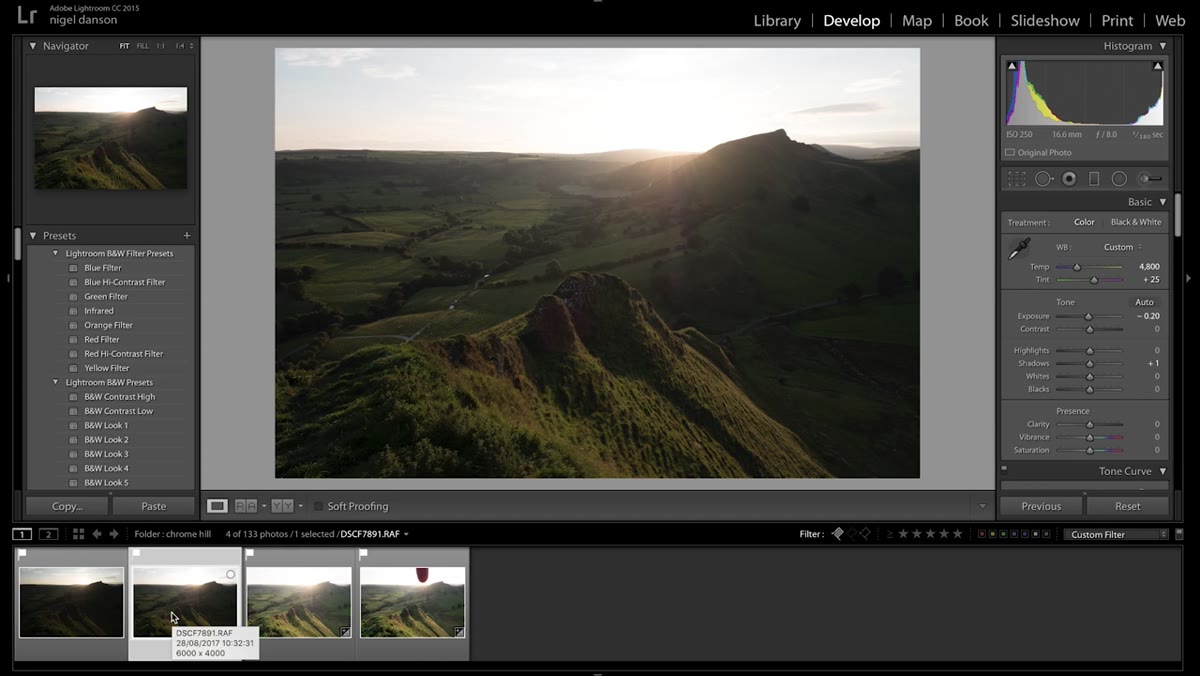 Sky image showing desired exposure and haze effect on hills