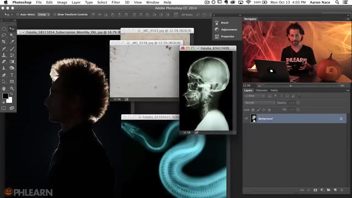 Five source images open side by side in Photoshop
