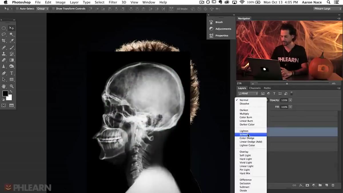 Skull layer set to Screen mode in Layers panel