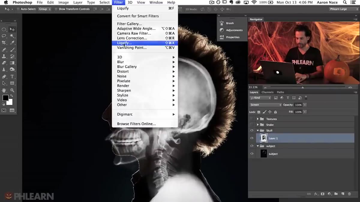 Liquify dialog open with Show Backdrop enabled, subject visible underneath