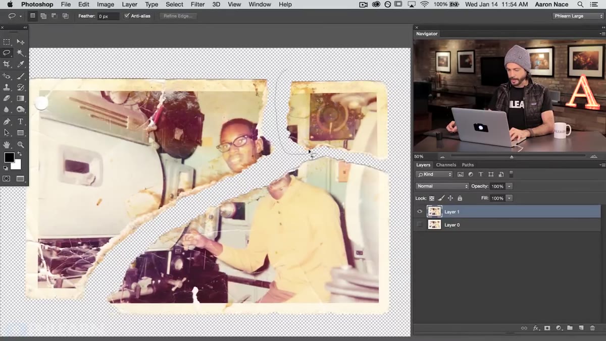Lasso tool drawing selection around individual torn photo piece