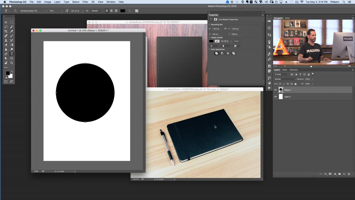 White capital B centered on black circle, Character panel open