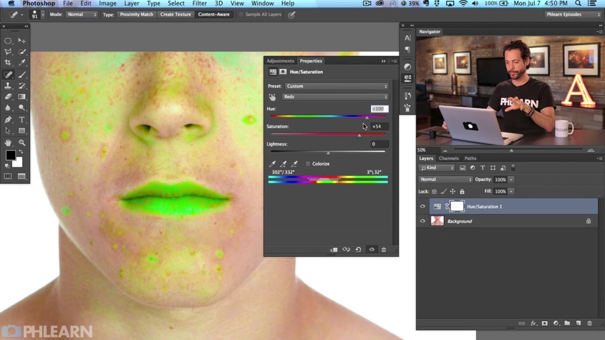 Hue, Saturation, and Lightness sliders adjusted to subtle skin-matching values