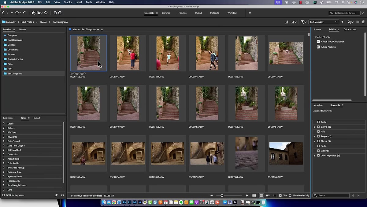 Adobe Bridge open with a folder of RAW photos selected
