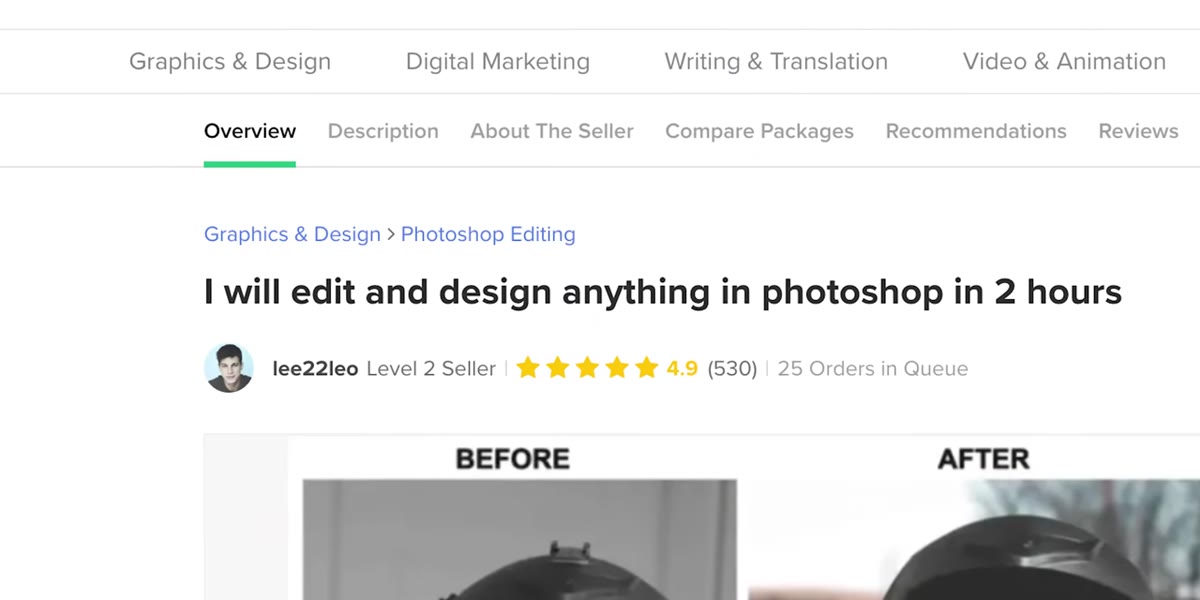 Fiverr search results showing multiple editor profiles and prices