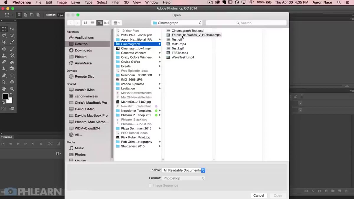 Timeline panel showing the video clip being trimmed in Photoshop