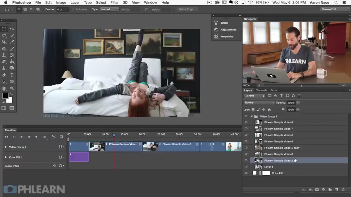 Layers panel with a single video clip layer highlighted inside a video group