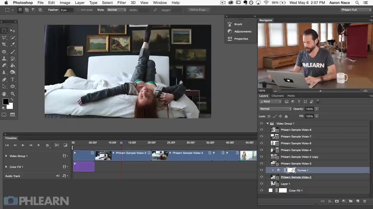 Layers panel showing curves adjustment clipped to a single video layer