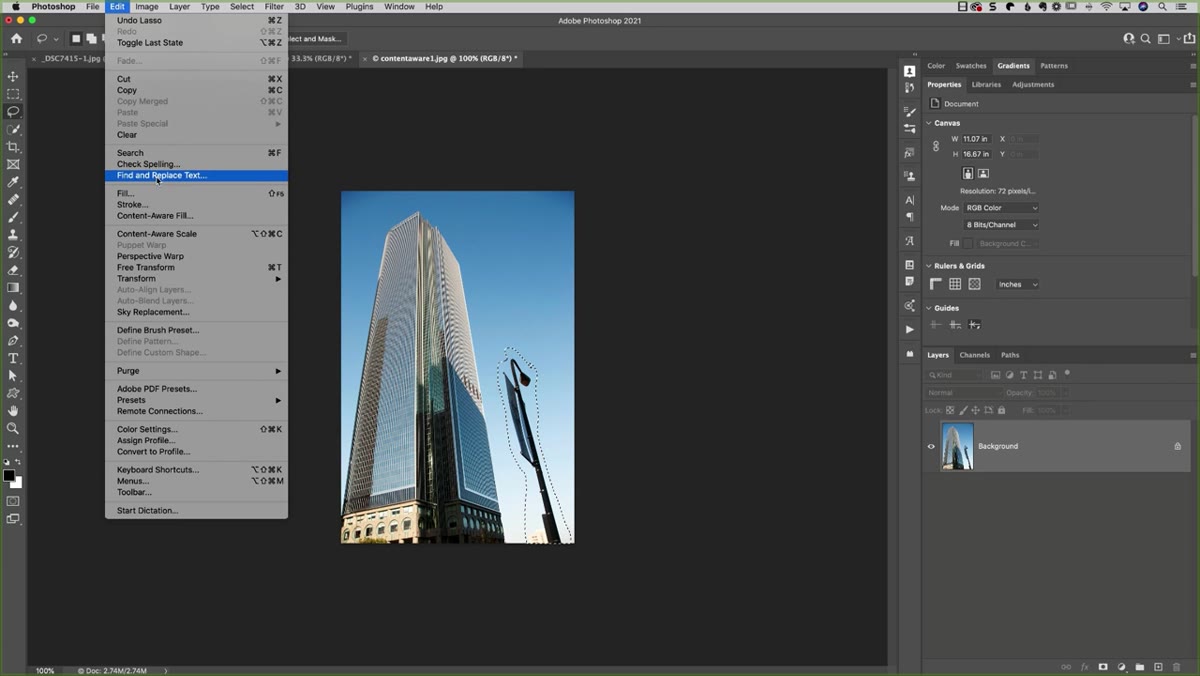 Edit menu open, Fill option highlighted