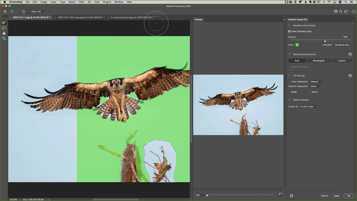 Green overlay on image with sampling brush being used to exclude areas