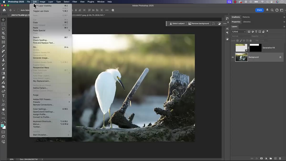 Edit menu open highlighting Content-Aware Fill option