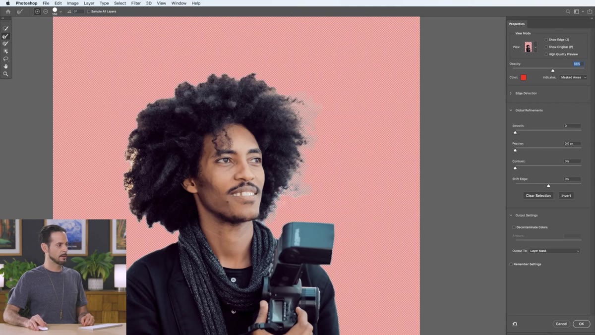 Output settings dropdown in Select and Mask, New Layer with Layer Mask selected