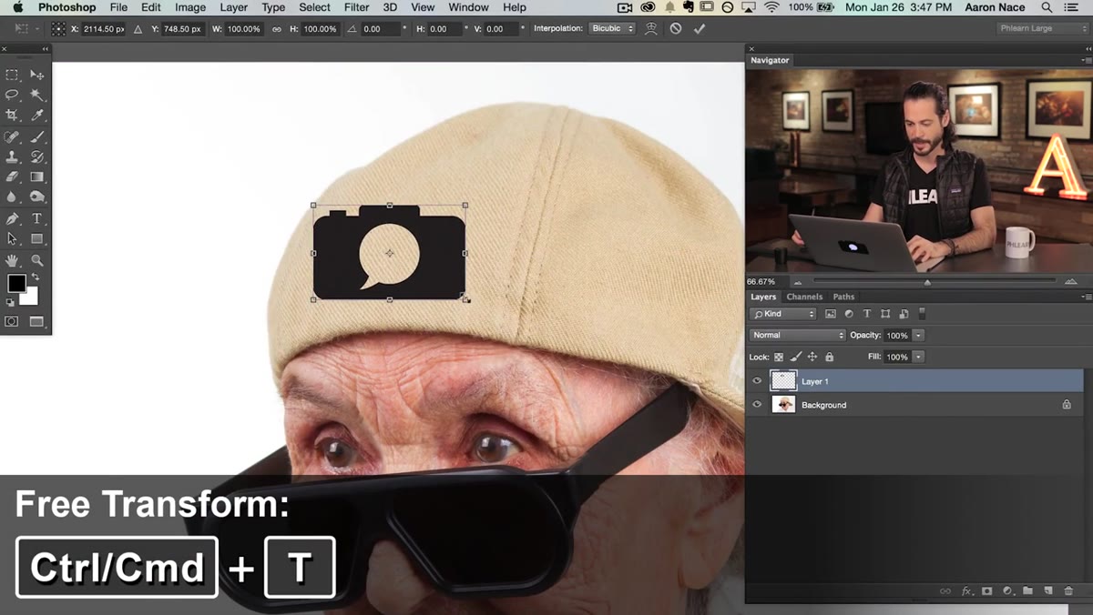 Logo layer selected with Free Transform warp handles active
