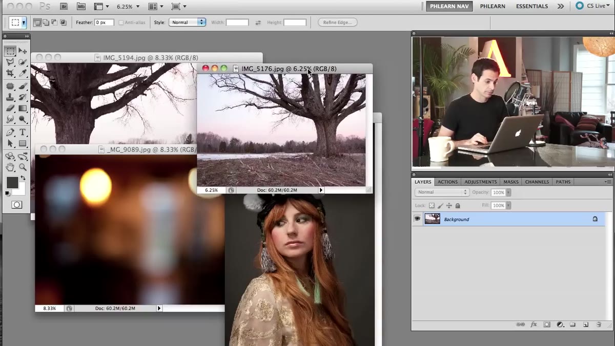 Three source images open side by side in Photoshop