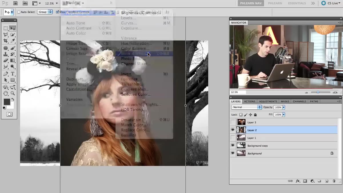 Layers panel showing blend mode dropdown being changed on portrait layer