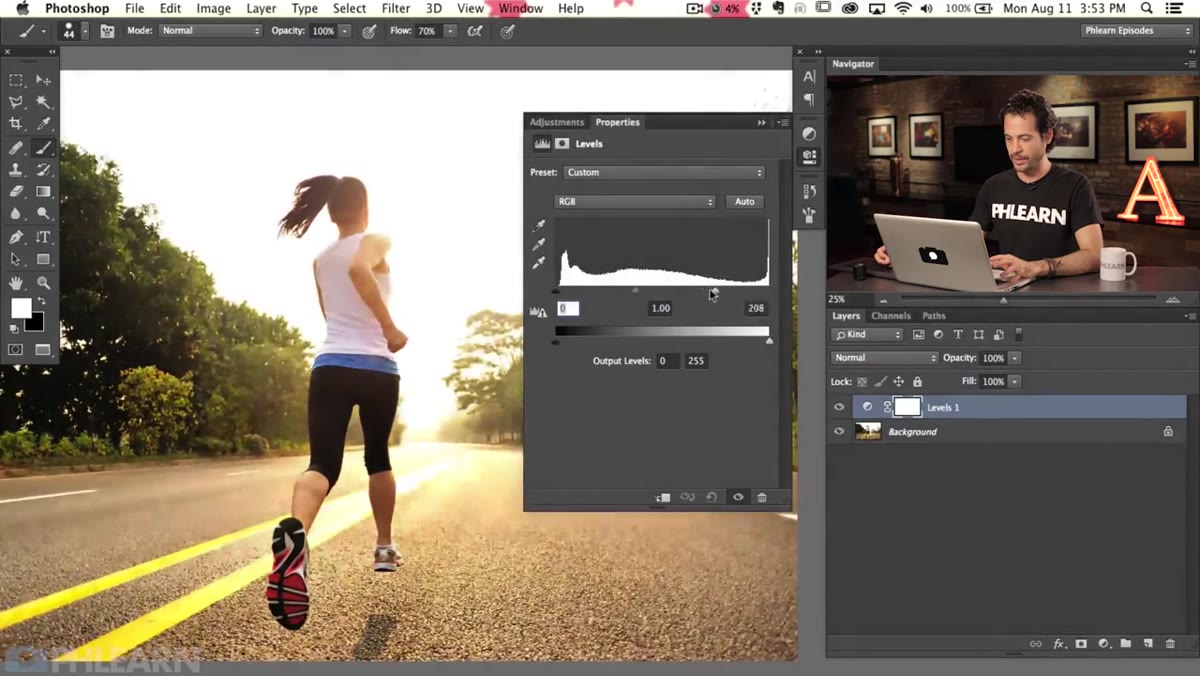 Highlight slider in Levels being pulled left to blow out the brights