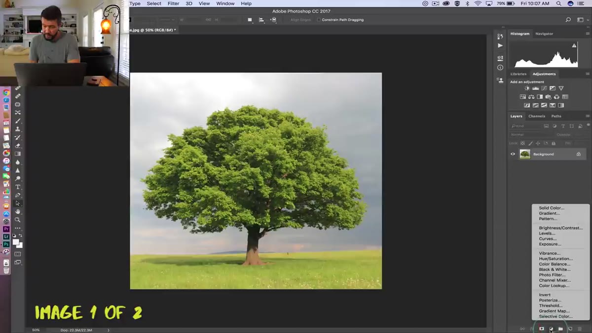 Photoshop Layers panel with Channel Mixer selected from adjustment layer menu