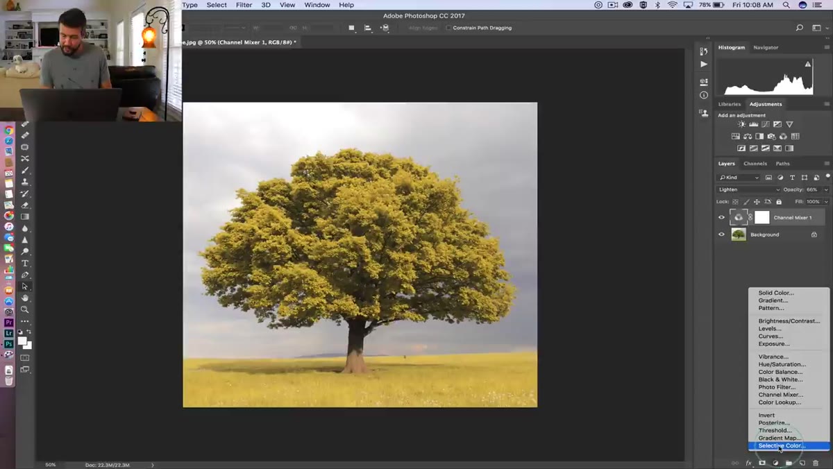 Selective Color properties panel with Yellows channel selected