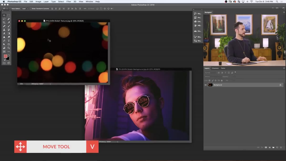 Bokeh image being dragged onto portrait with Move tool