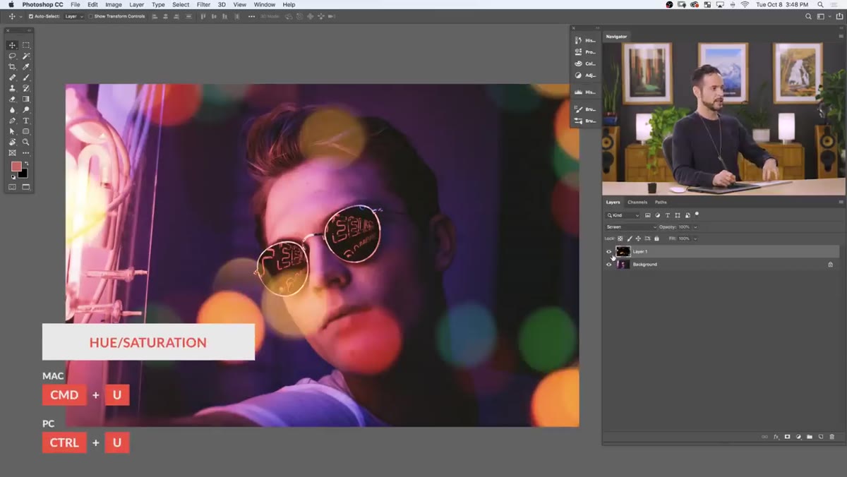 Hue/Saturation dialog open with Colorize checkbox checked