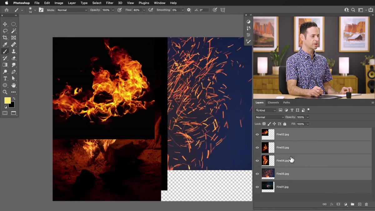 All fire layers selected with blend mode changed to Screen