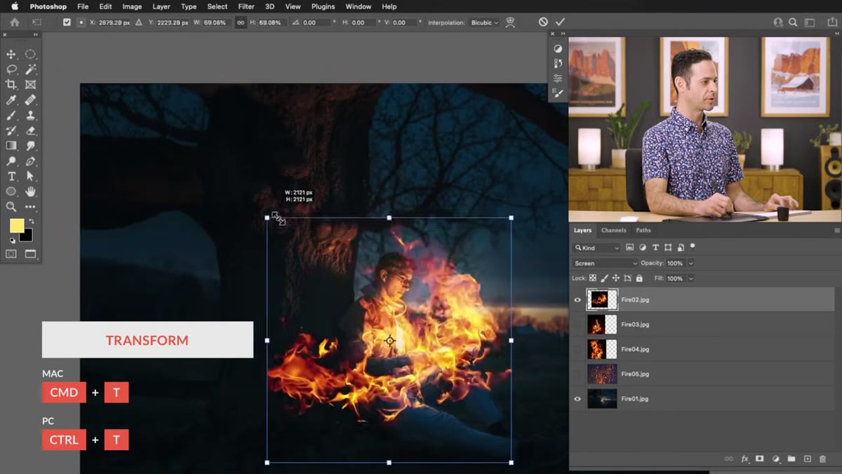 Using Free Transform to resize and position fire over the subject