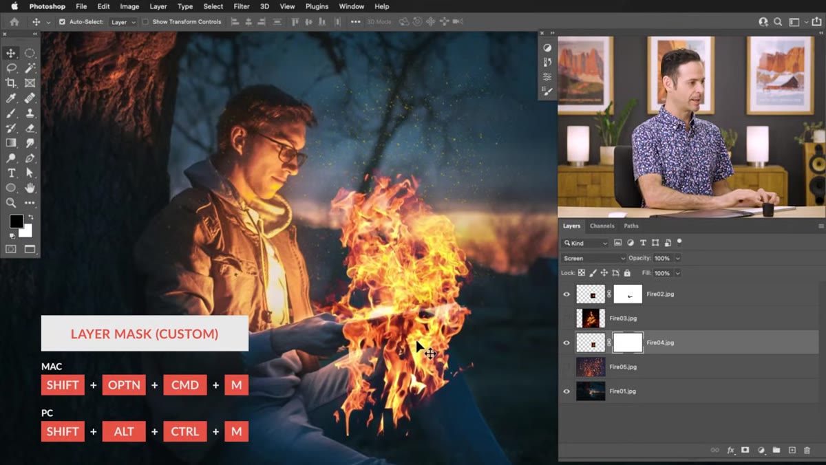 Painting white on an inverted mask to reveal fire selectively
