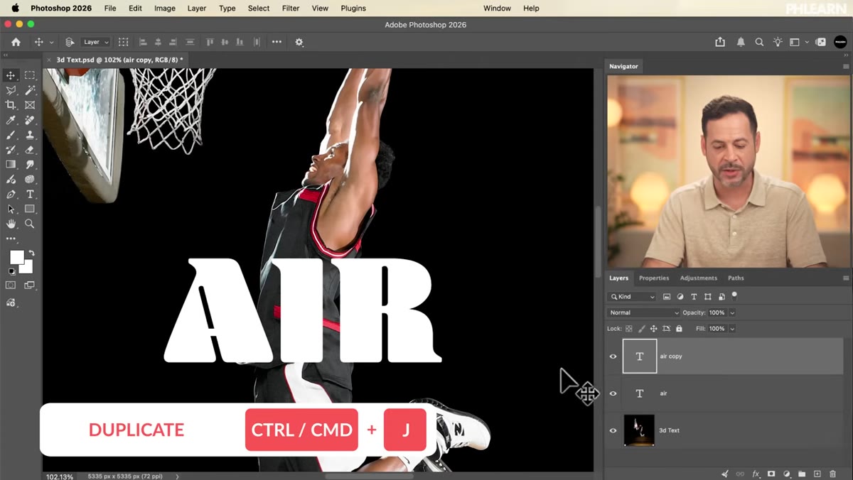 Two text layers in the Layers panel labeled air front and air back