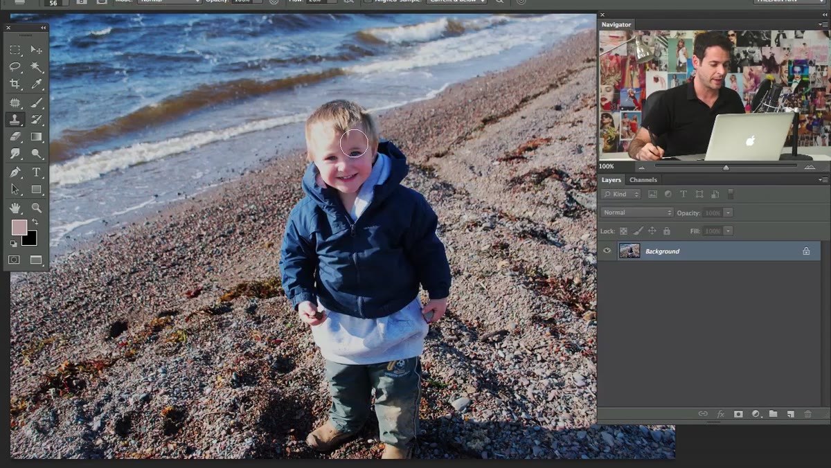 Tutorial photo of child subject with simple background visible